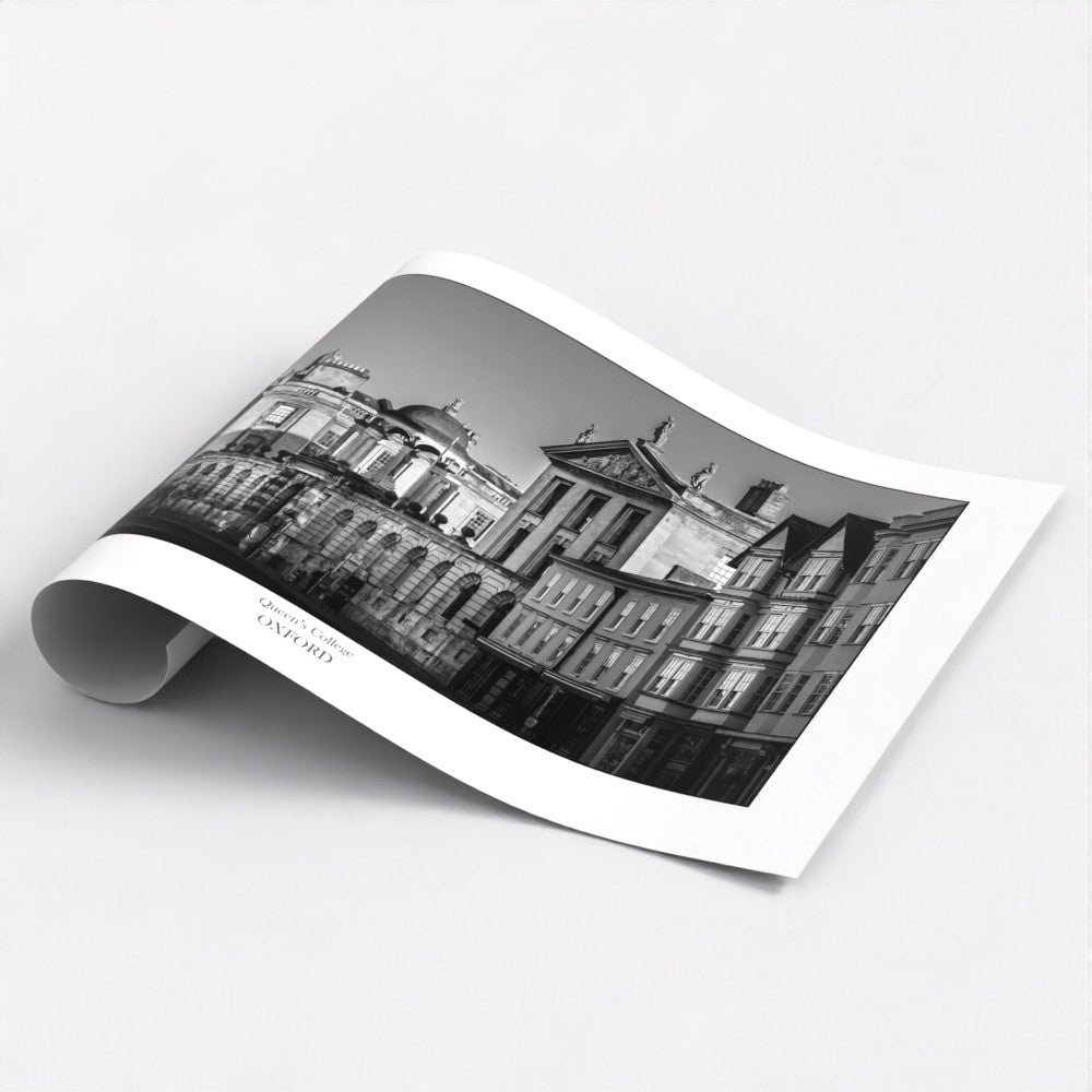 Black and White art travel poster print of Queens College Oxford and ideal gift or souvenir