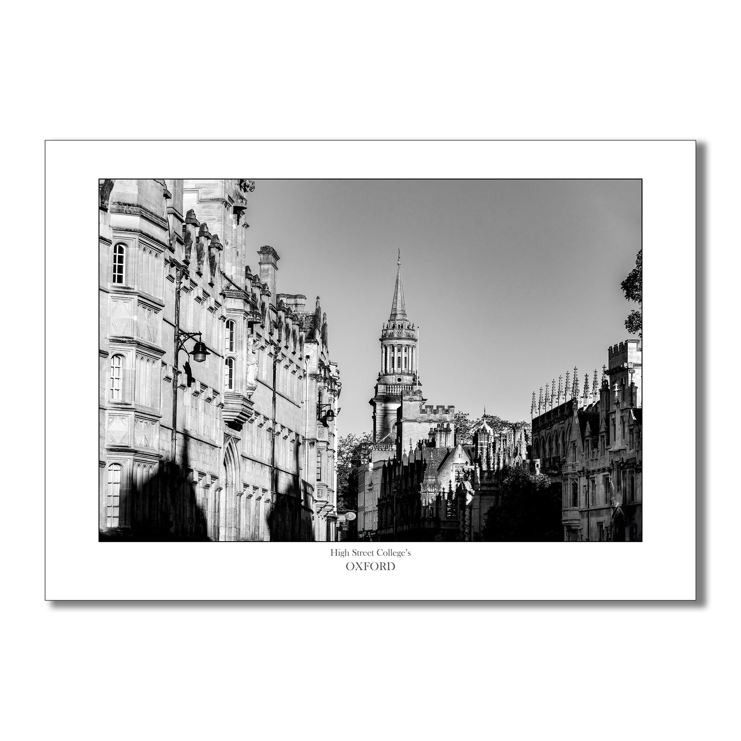 Souvenir, gift or memento of Oxford. B&W Art Print of Oxford High Street colleges