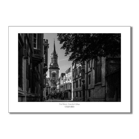 A souvenir B&W art print showing Turl street in Oxford with Lincoln college Oxford university