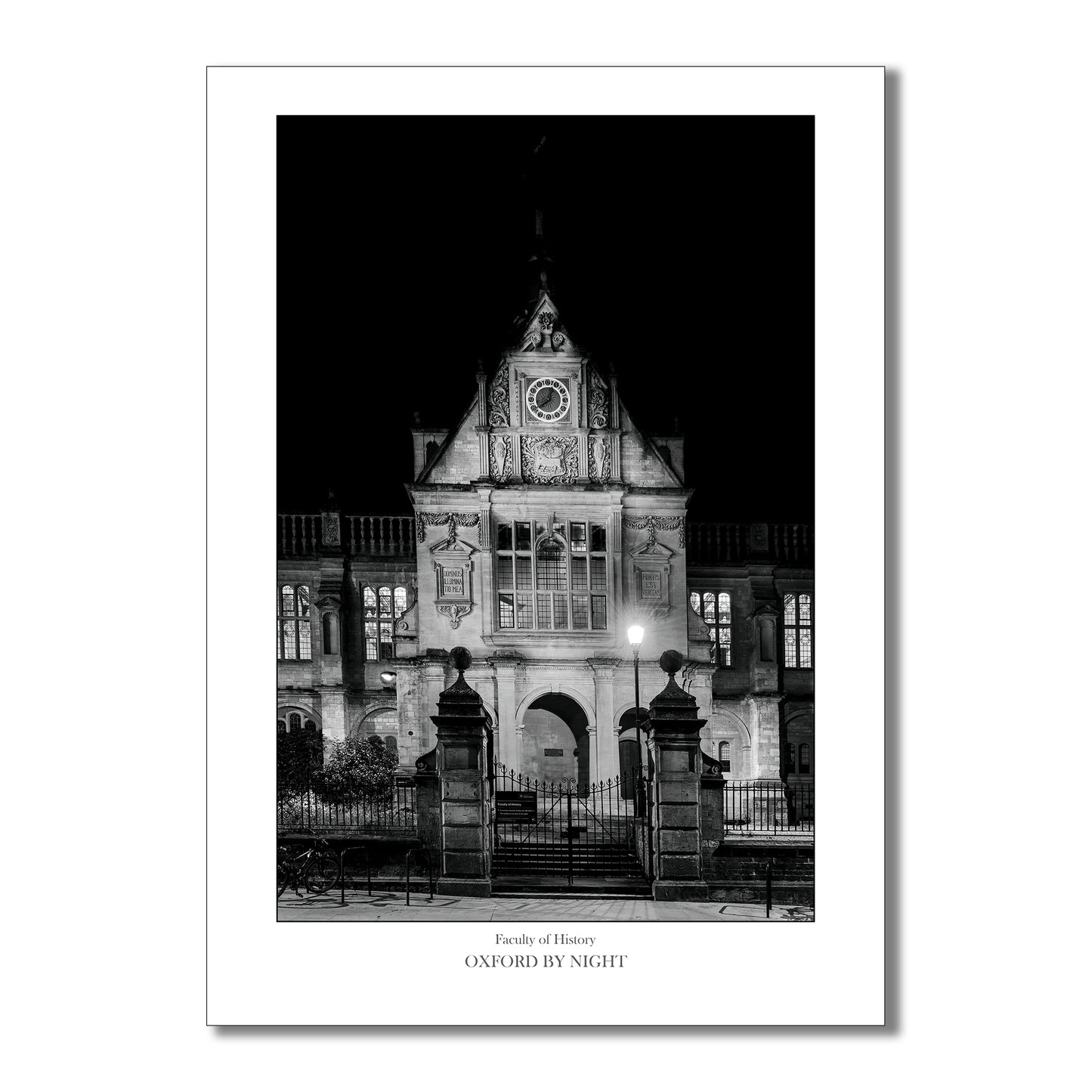 Art print of The Faculty of History in Oxford illuminated in a dramatic black and white night time scene