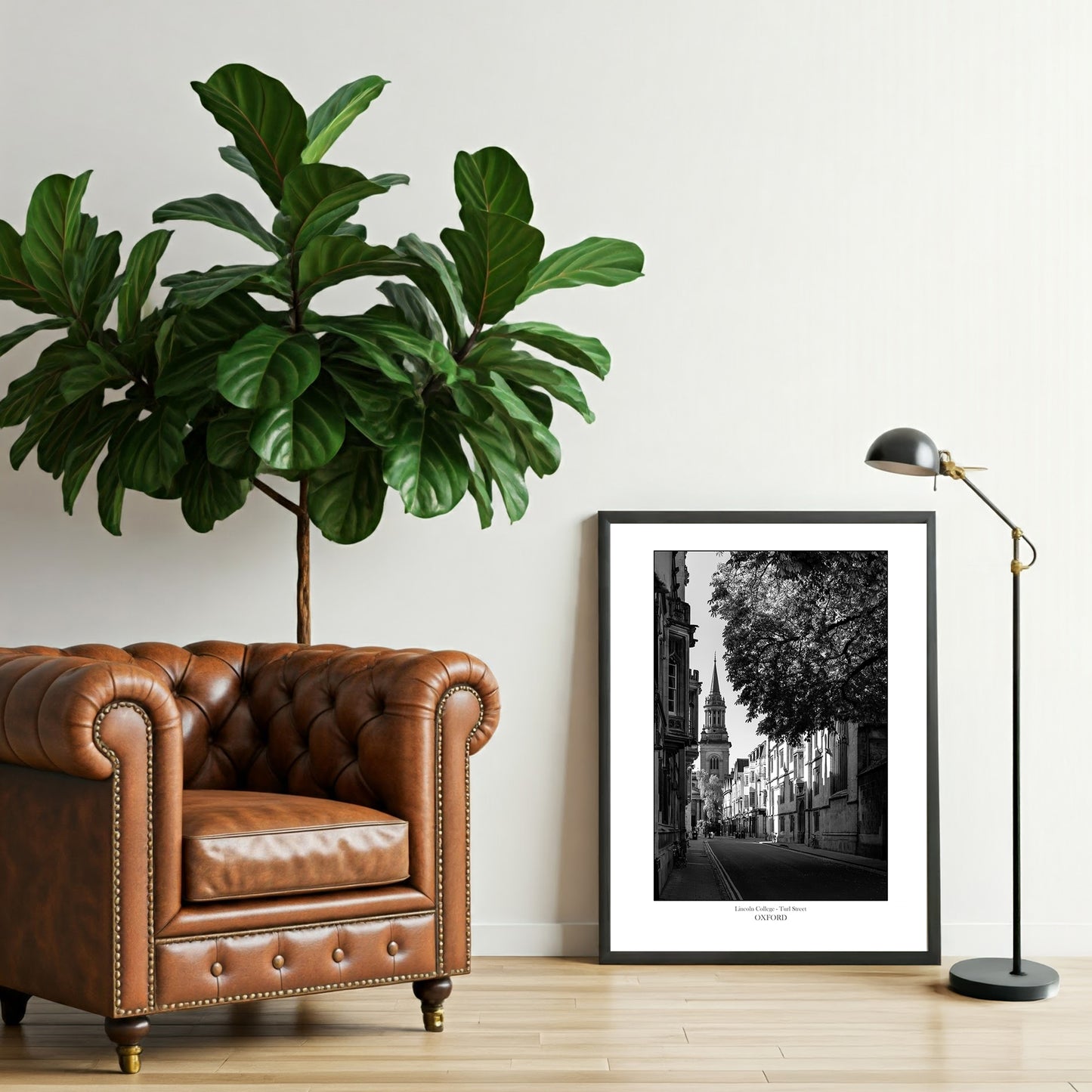 Room set with framed souvenir print of Lincoln college Oxford
