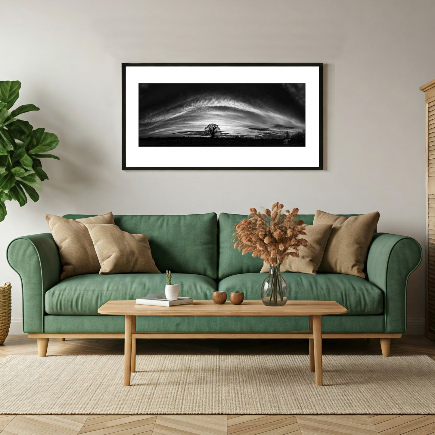 Monochrome art wall print capturing the dramatic silhouette of an ancient oak tree under dramatic arched cloud formation in Oxfordshire.