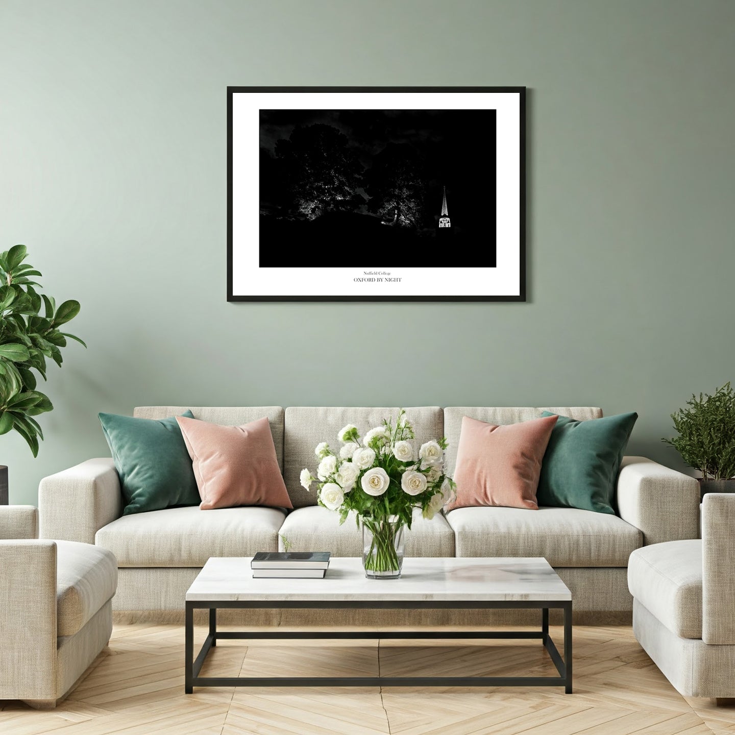 Evocative B&W wall art print showcasing the trees on top of Oxford Castle Mound and Nuffield college tower under the cover of darkness.