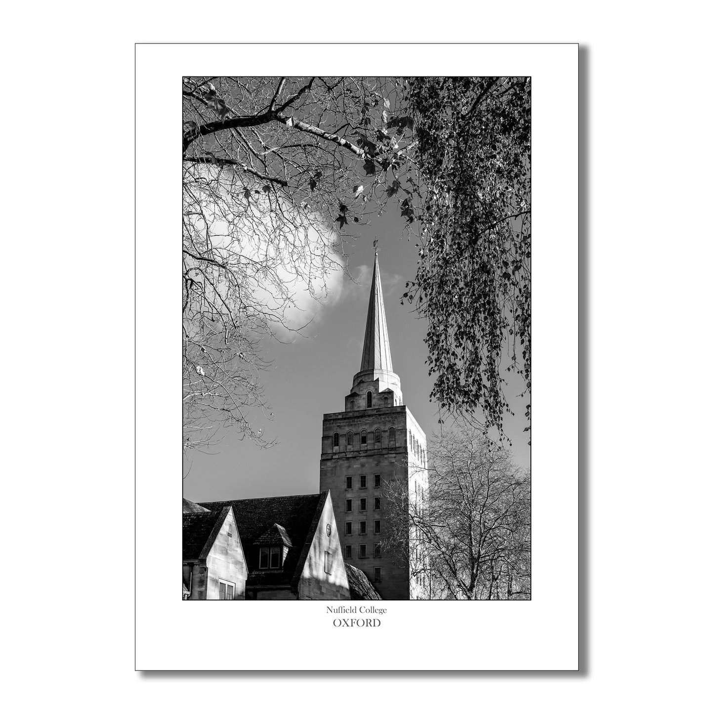 Souvenir, gift or memento of Oxford. B&W Art Print of Nuffield College Oxford.