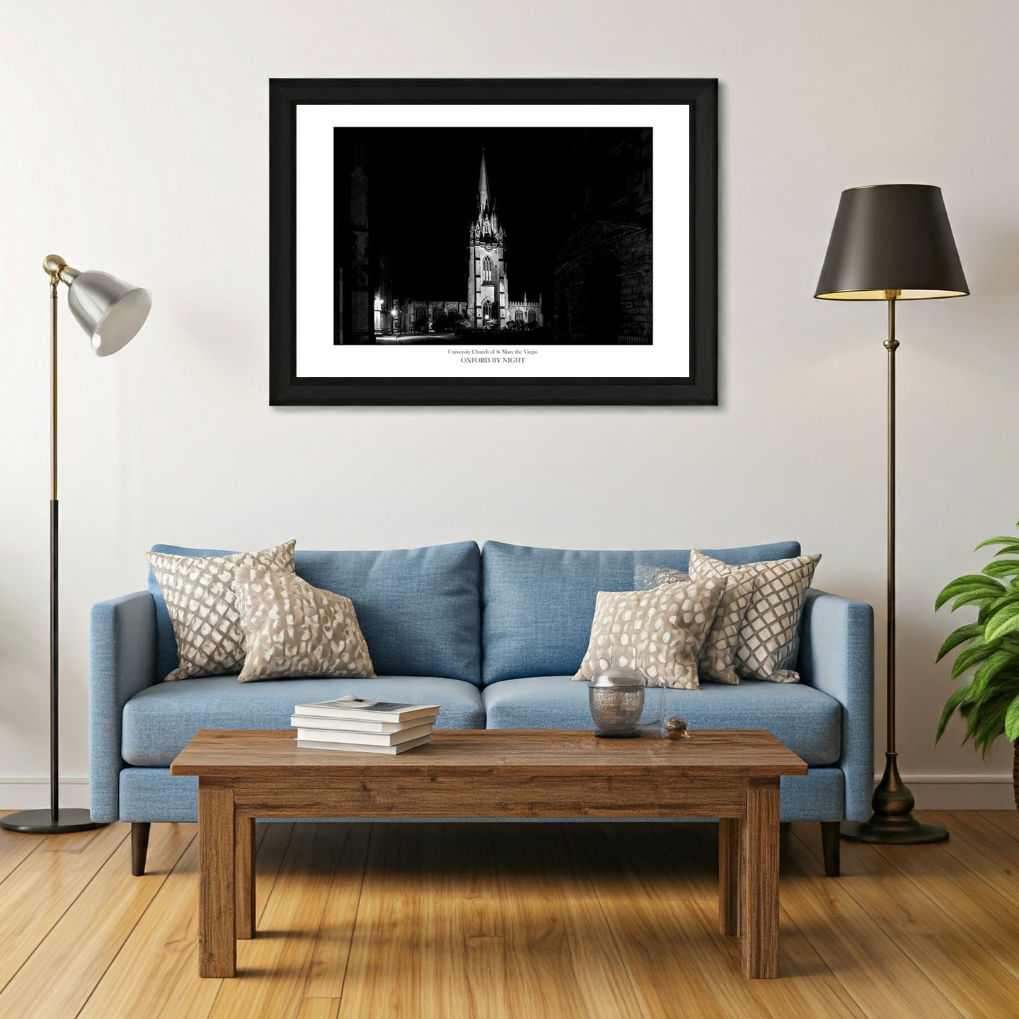 Evocative B&W wall art print showcasing the floodlit architecture of Oxford University Church under the cover of darkness. A mesmerizing black and white image highlighting the architectural details of this historic building.
