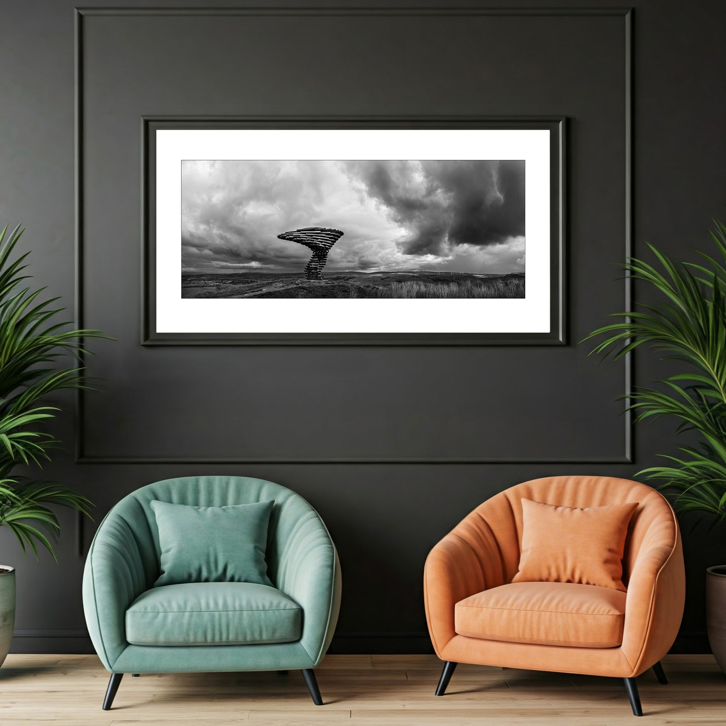 Dramatic Black and white wall art print featuring the Singing Ringing Tree sculpture in the Pennine Hills