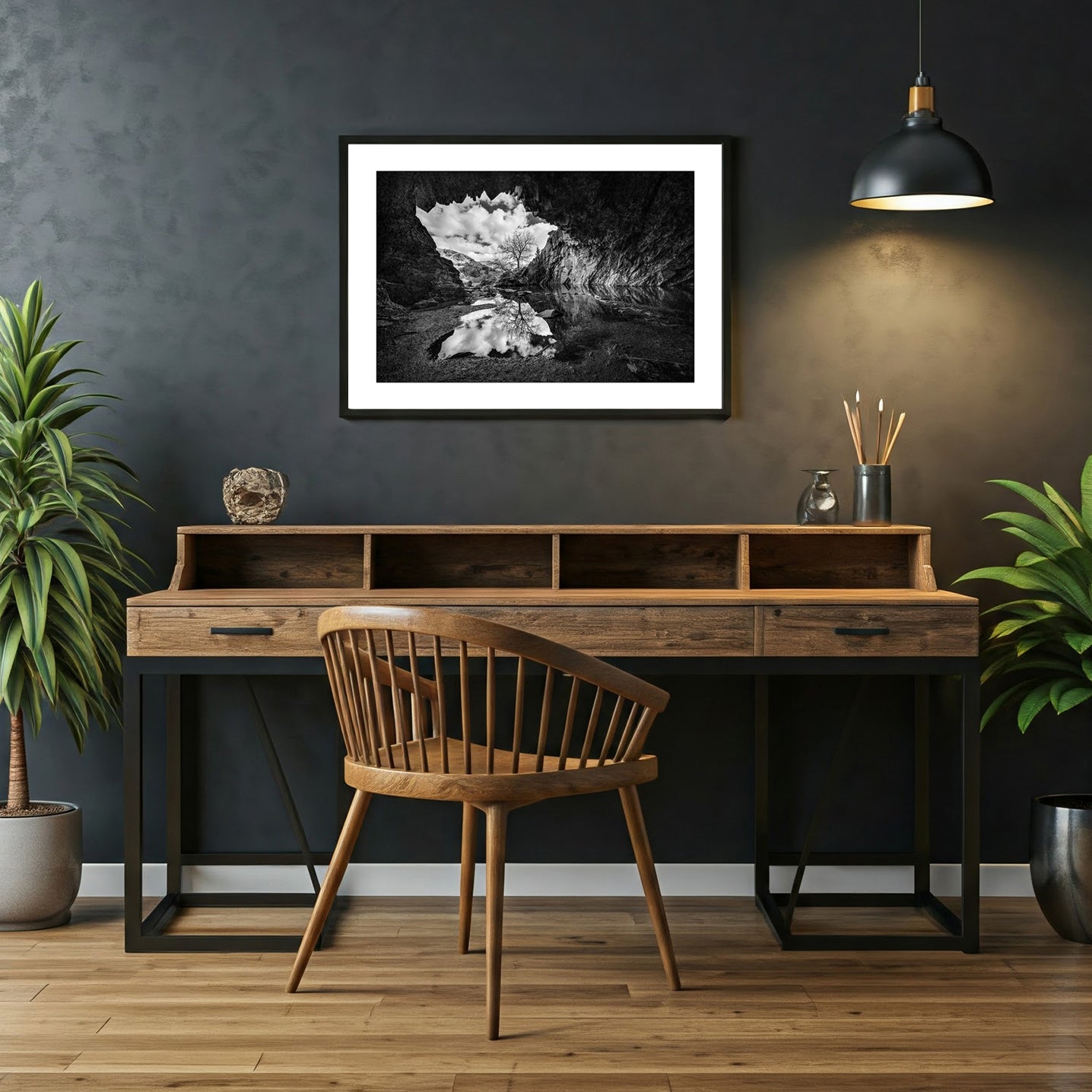 Monochrome wall art print of the Witcher Cave from The Witcher series. Jagged rocks frame the entrance and a lone tree reflection in the pool of water in the cave.