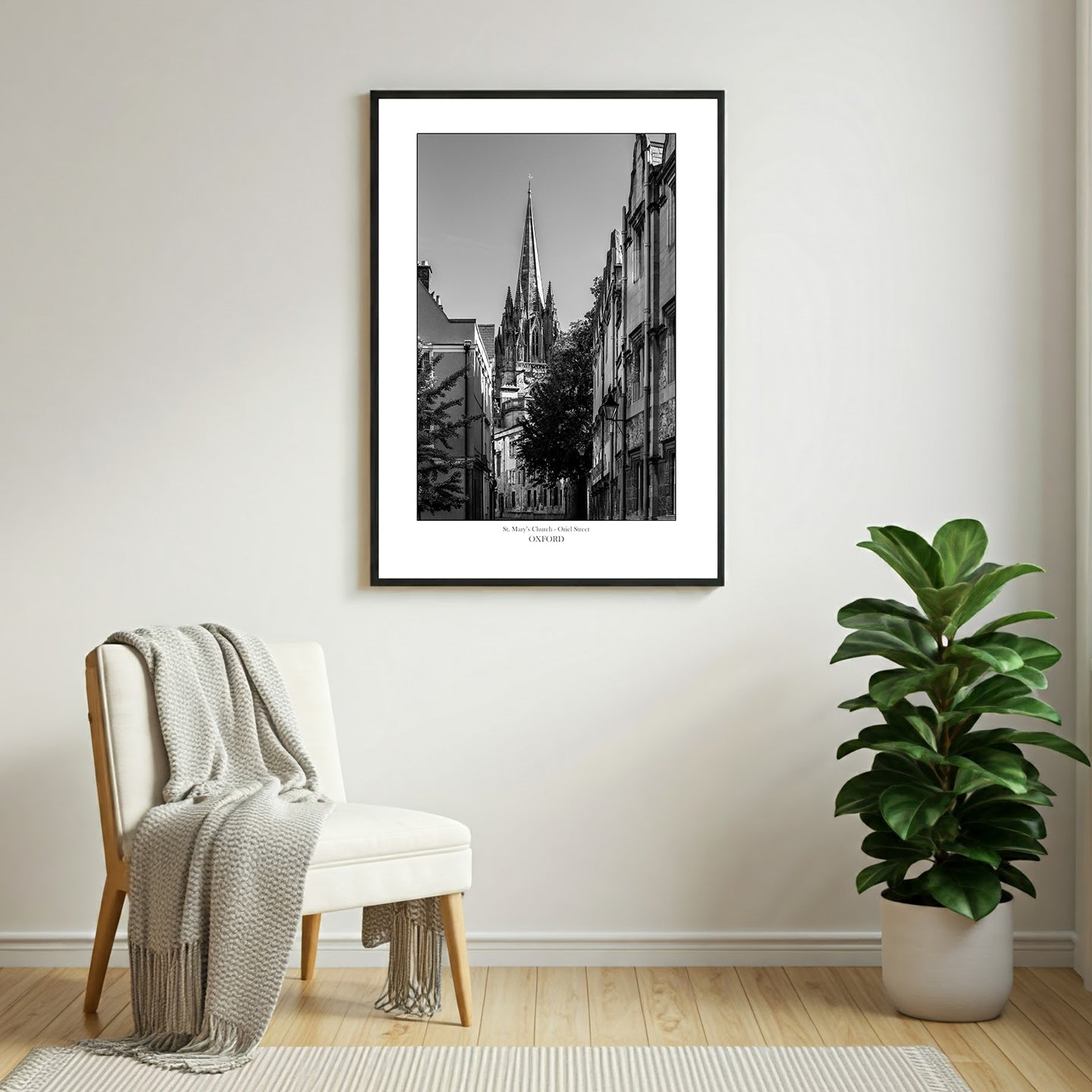 Black-and-white wall art print of St Mary’s University Church in Oxford, featuring its intricate Gothic architecture and soaring spire, captured in a timeless monochrome style.