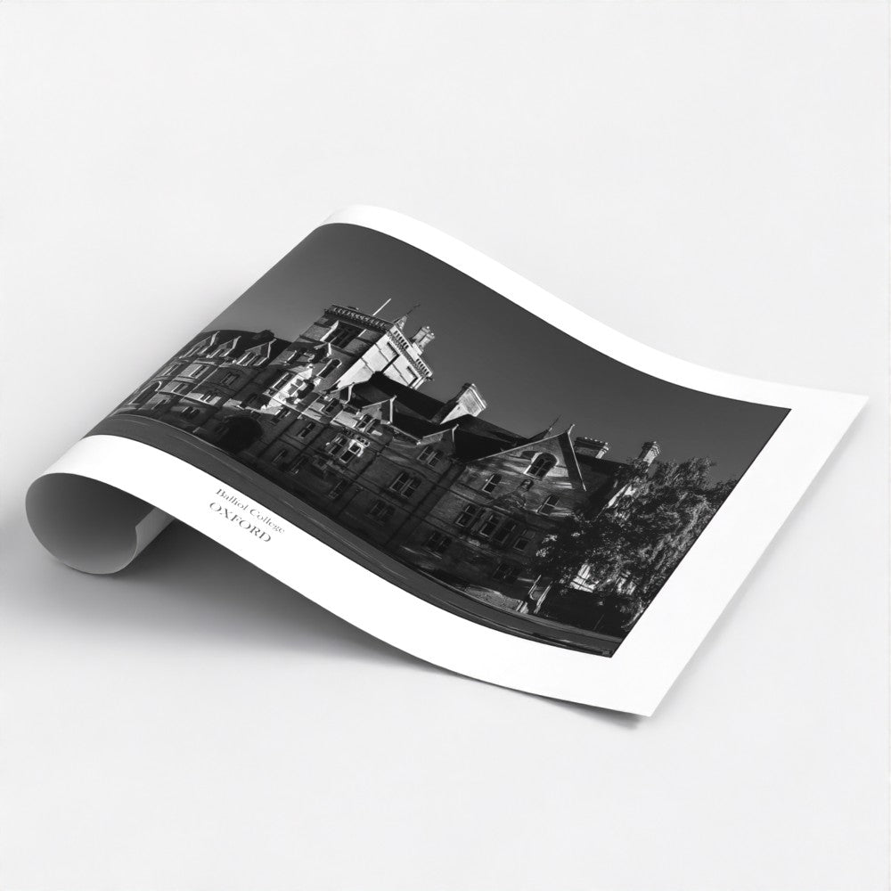 A black and white photographic art poster print of the historic Balliol College, Oxford, showcasing its Gothic architecture and intricate details