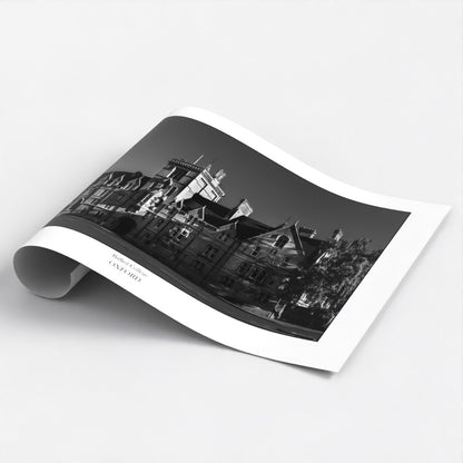 A black and white photographic art poster print of the historic Balliol College, Oxford, showcasing its Gothic architecture and intricate details