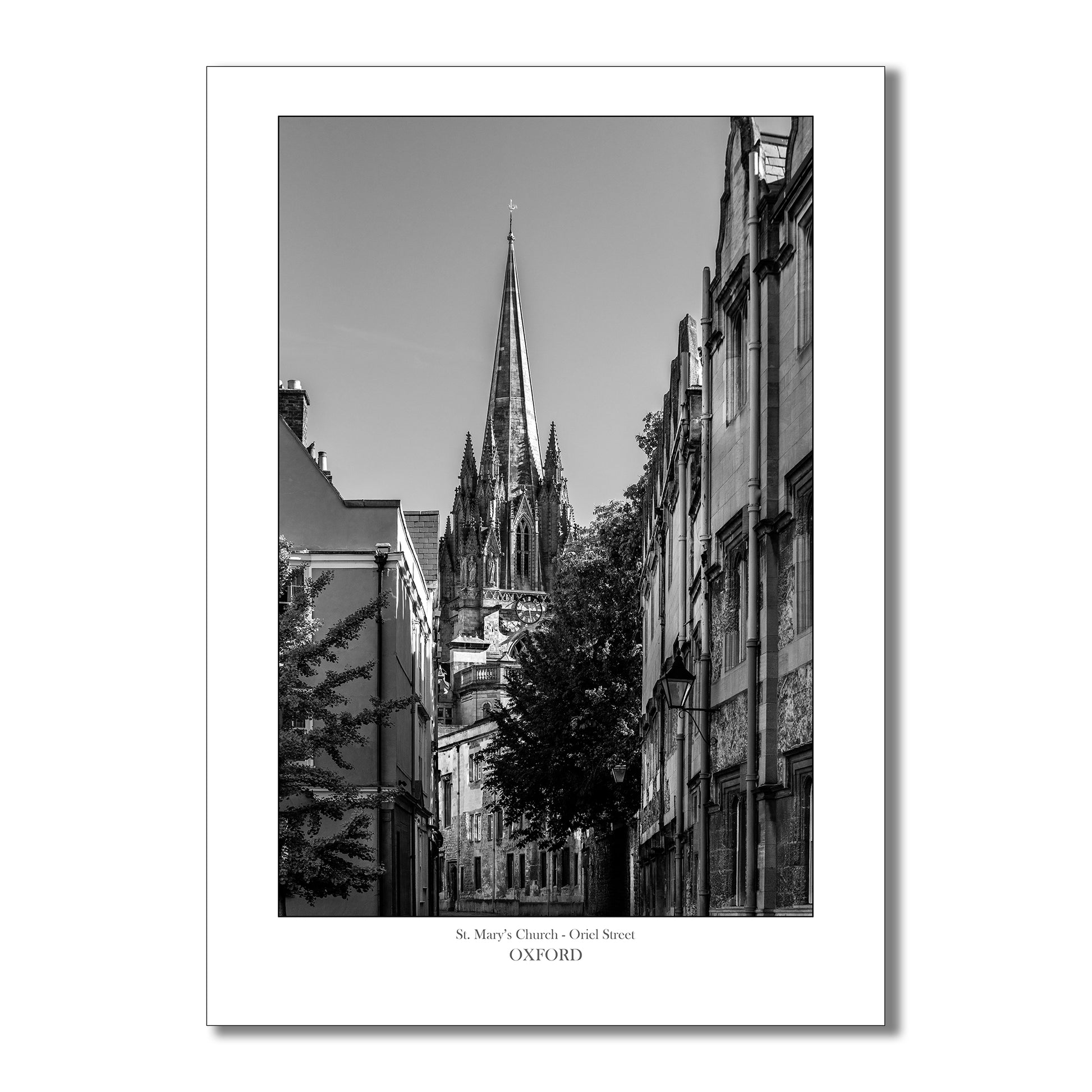 "Black-and-white art print of St Mary’s University Church in Oxford, featuring its intricate Gothic architecture and soaring spire, captured in a timeless monochrome style."