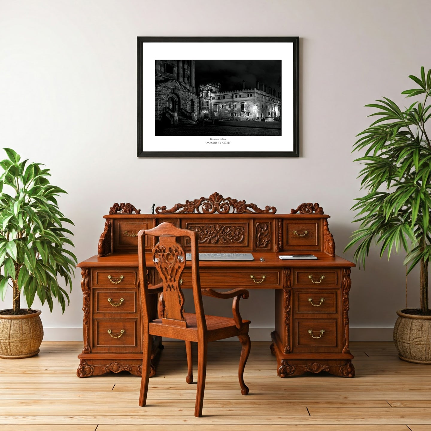 Brasenose College, Oxford, after dark photographic wall art print taken during the pandemic lockdown. Empty streets contrast with the imposing Gothic architecture. Black and white photograph