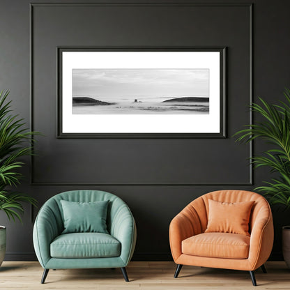 Dramatic black and white wall art print capturing Corfe Castle in Dorset rising majestically from a surreal cloud inversion