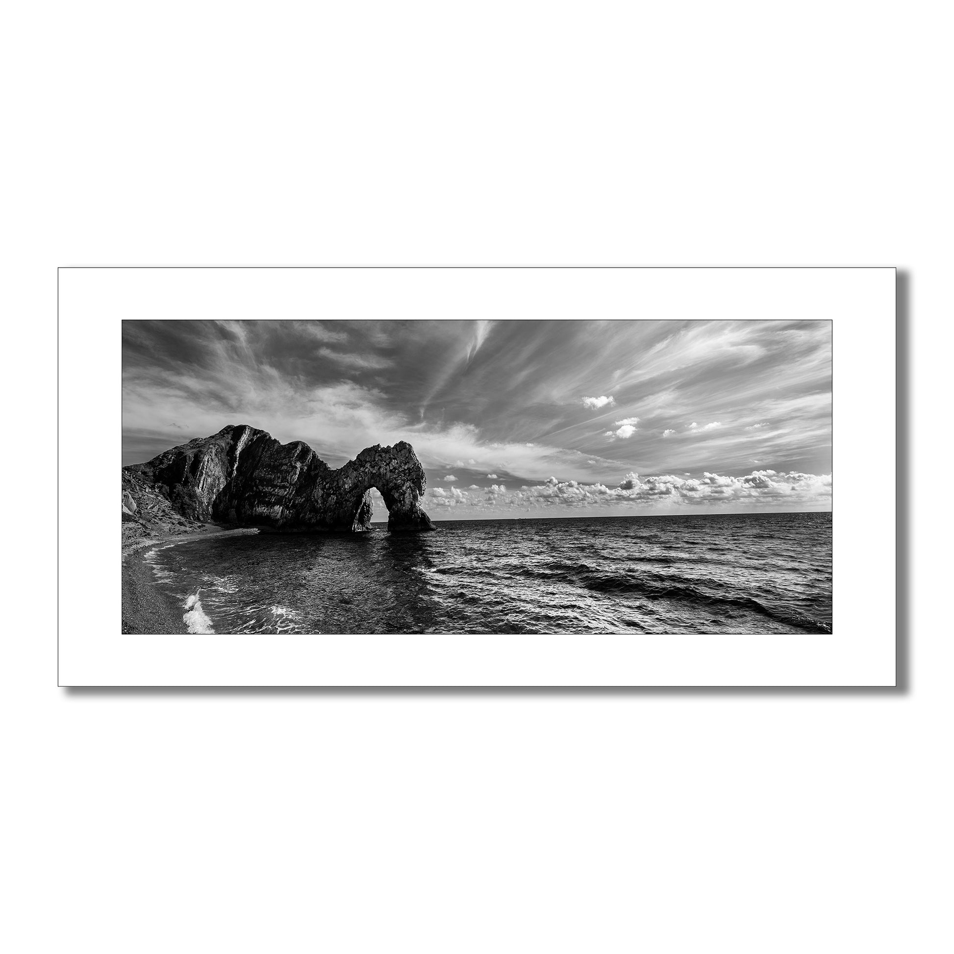 Black and white panorama art print of Durdle Door, a natural limestone arch on the Jurassic Coast in Dorset, England.
