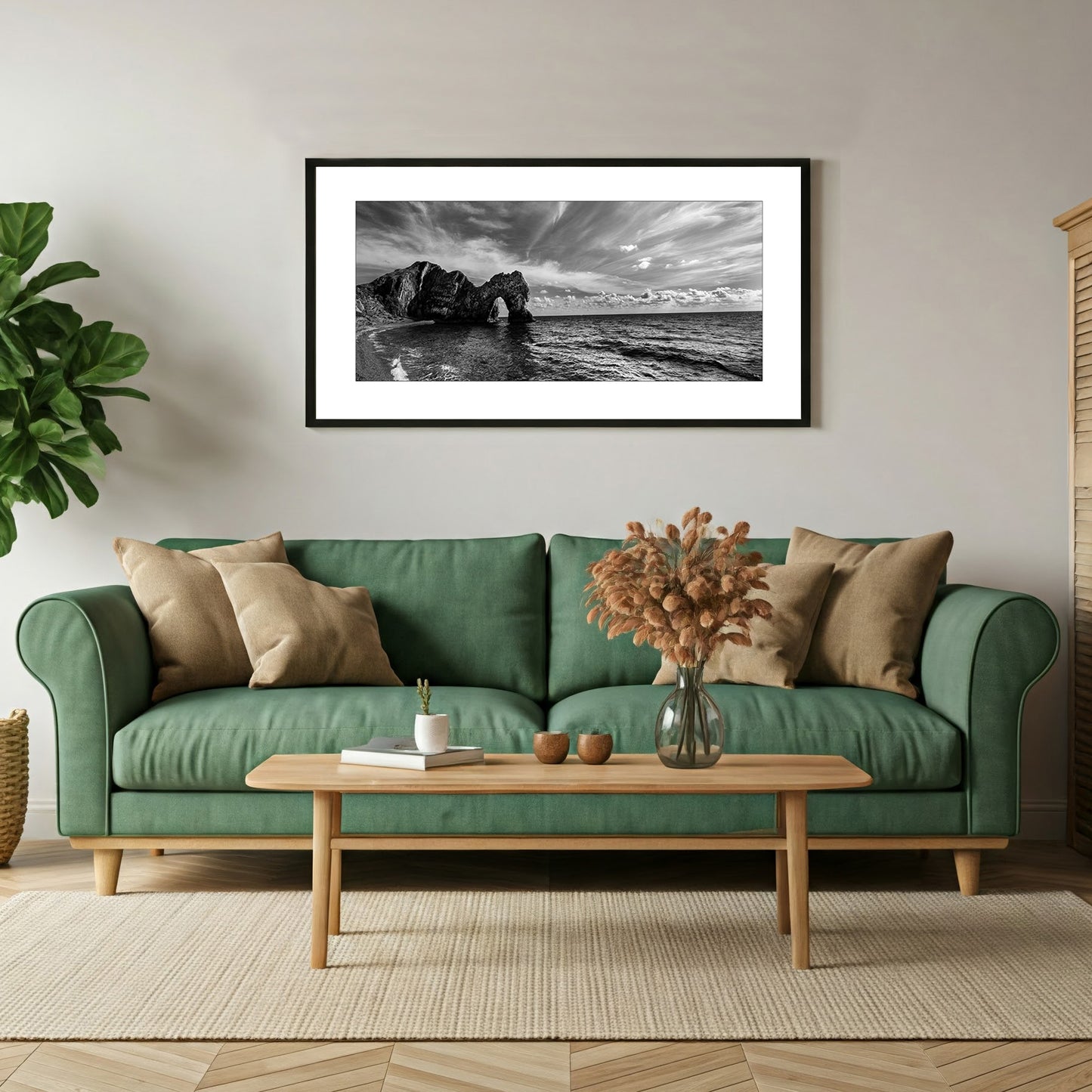 Black and white panorama wall art print of Durdle Door, a natural limestone arch on the Jurassic Coast in Dorset, England.
