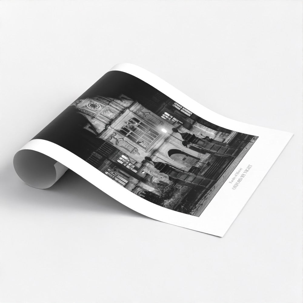 Art poster print of The Faculty of History in Oxford illuminated in a dramatic black and white night time scene
