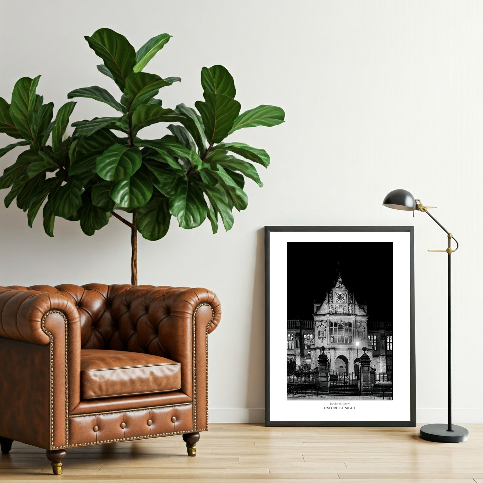 Wall Art print of The Faculty of History in Oxford illuminated in a dramatic black and white night time scene