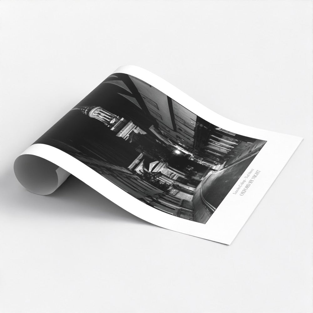Exclusive B&W art poster print showcasing Lincoln College in Oxford under the cover of darkness. A mesmerizing black and white image highlighting the architectural details of this historic college.