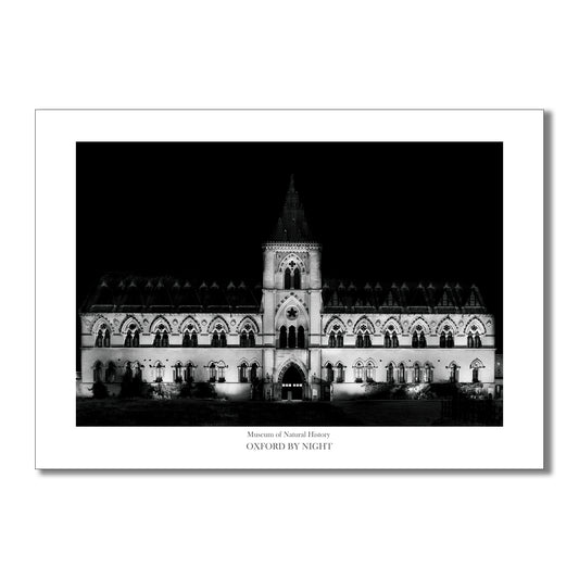 Exclusive B&W art print showcasing the Oxford University Museum of Natural History under the cover of darkness. A mesmerizing black and white image highlighting the unique architecture of this historic museum