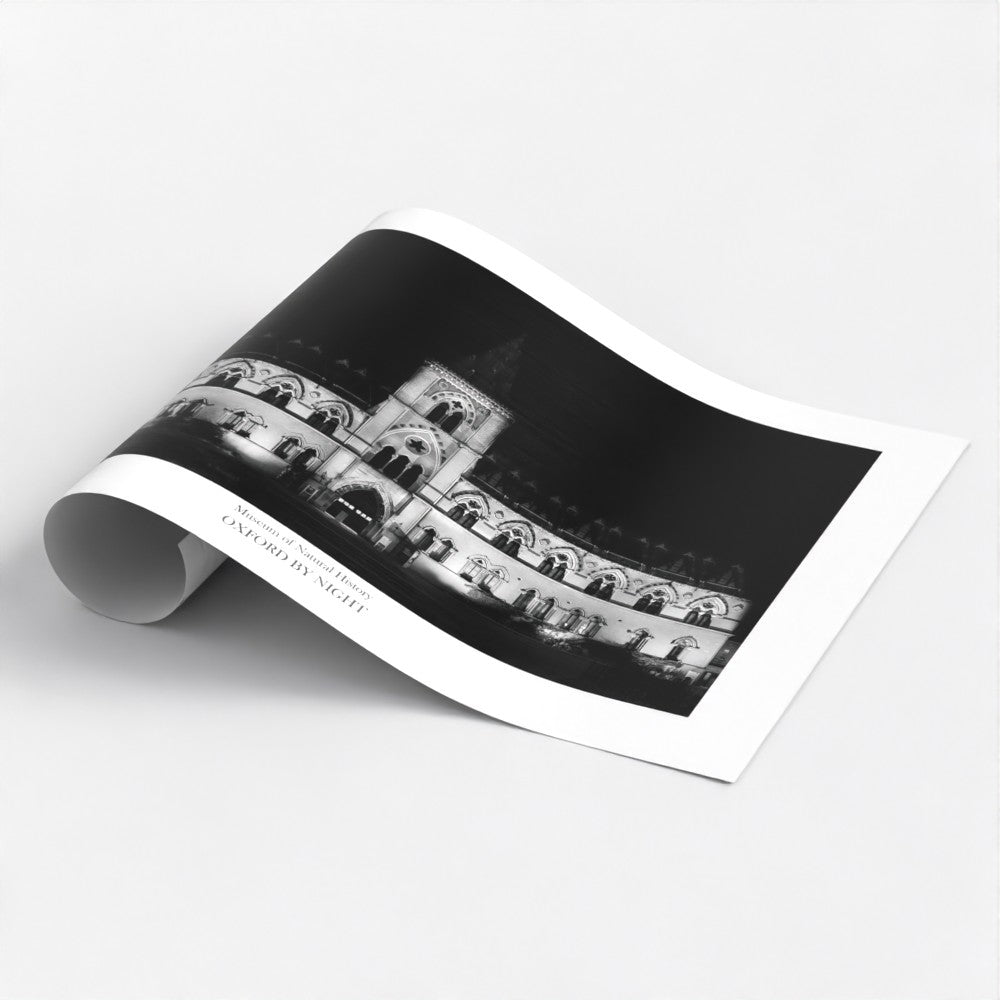 Exclusive B&W art poster print showcasing the Oxford University Museum of Natural History under the cover of darkness. A mesmerizing black and white image highlighting the unique architecture of this historic museum