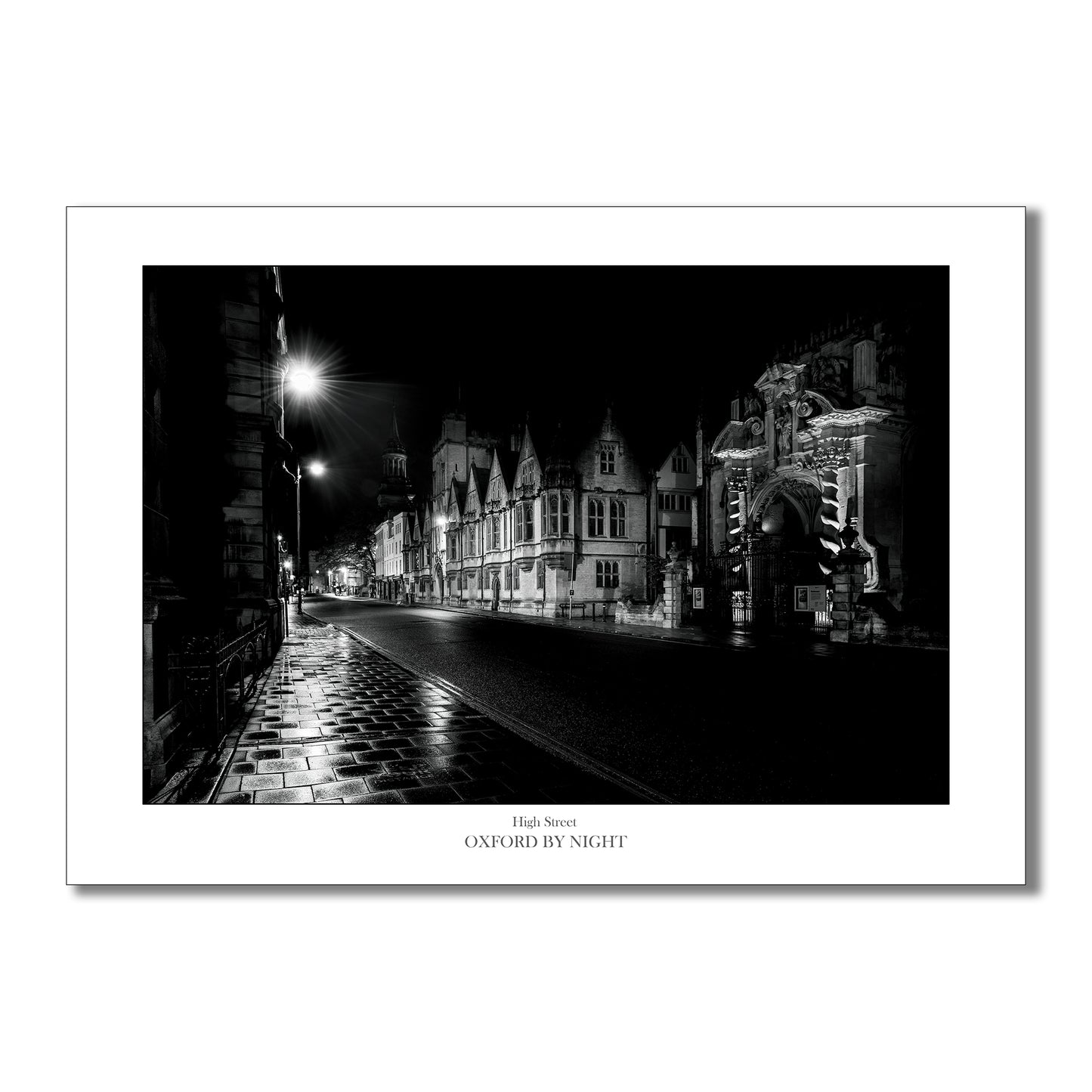 Unique B&W art print showcasing the deserted Oxford High street under the cover of darkness. A mesmerizing black and white image highlighting the architectural details of this historic city.