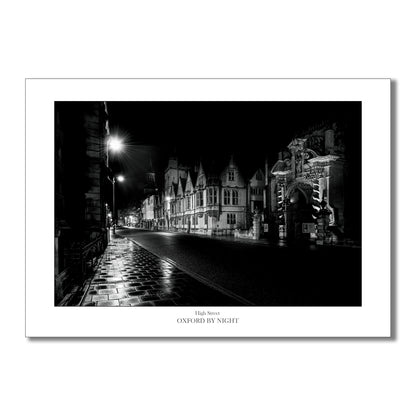 Unique B&W art print showcasing the deserted Oxford High street under the cover of darkness. A mesmerizing black and white image highlighting the architectural details of this historic city.