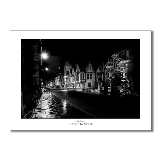 Unique B&W art print showcasing the deserted Oxford High street under the cover of darkness. A mesmerizing black and white image highlighting the architectural details of this historic city.