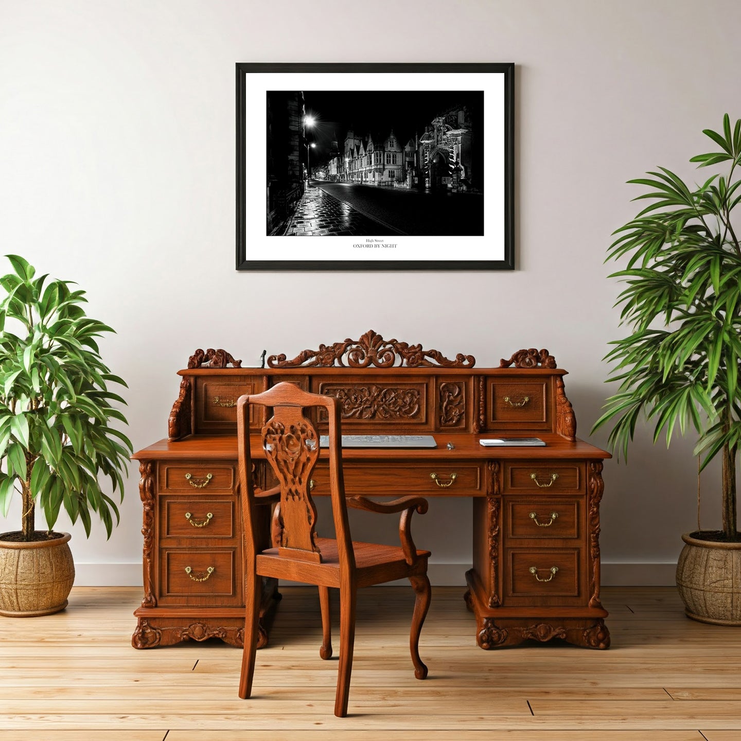 Unique B&W wall art print showcasing the deserted Oxford High street under the cover of darkness. A mesmerizing black and white image highlighting the architectural details of this historic city.