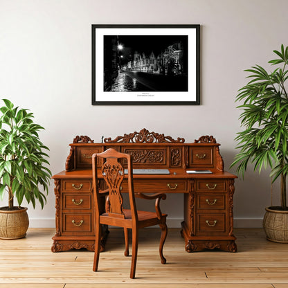 Unique B&W wall art print showcasing the deserted Oxford High street under the cover of darkness. A mesmerizing black and white image highlighting the architectural details of this historic city.