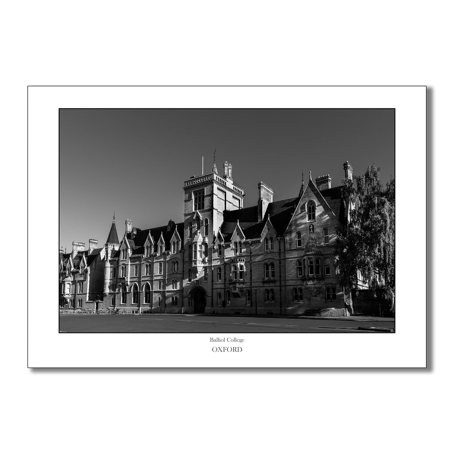 A black and white photographic art print of the historic Balliol College, Oxford university, showcasing its Gothic architecture and intricate detail
