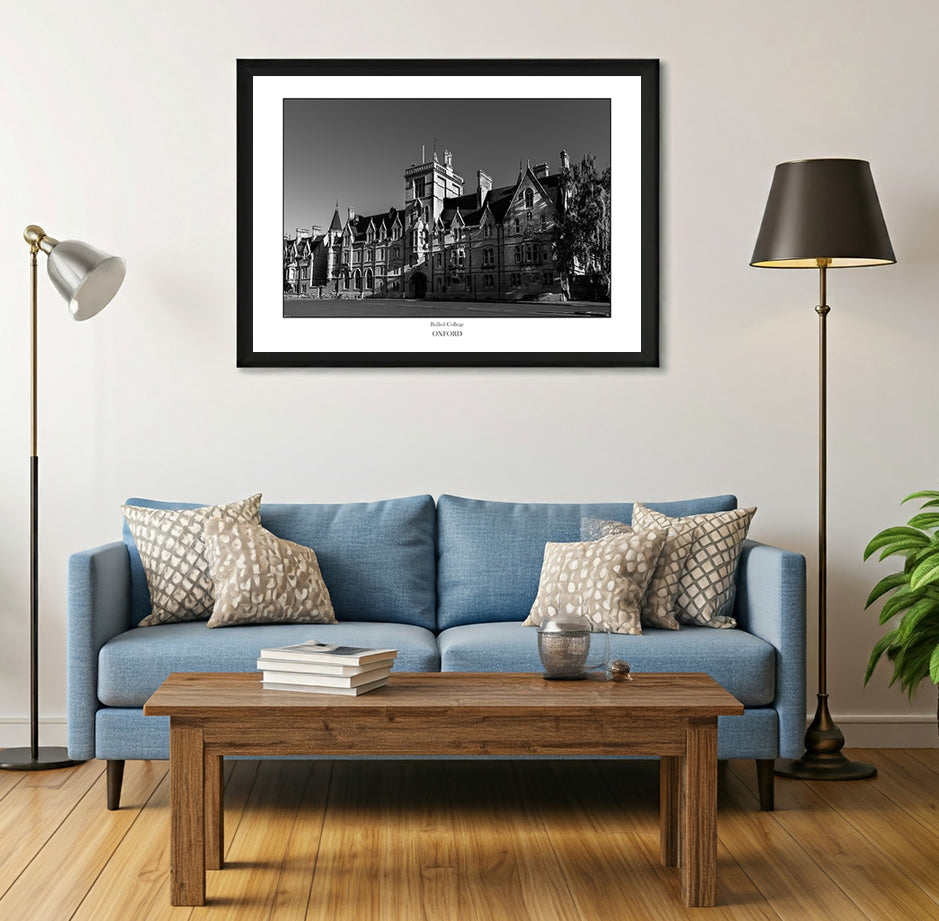 University of Oxford gift and souvenir ideas - a black and white art print of the historic Balliol College, Oxford, showcasing its Gothic architecture and intricate details