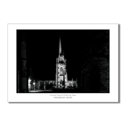 Evocative B&W art print showcasing the floodlit architecture of Oxford University Church under the cover of darkness. A mesmerizing black and white image highlighting the architectural details of this historic building.