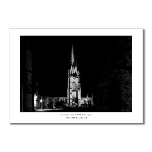 Evocative B&W art print showcasing the floodlit architecture of Oxford University Church under the cover of darkness. A mesmerizing black and white image highlighting the architectural details of this historic building.