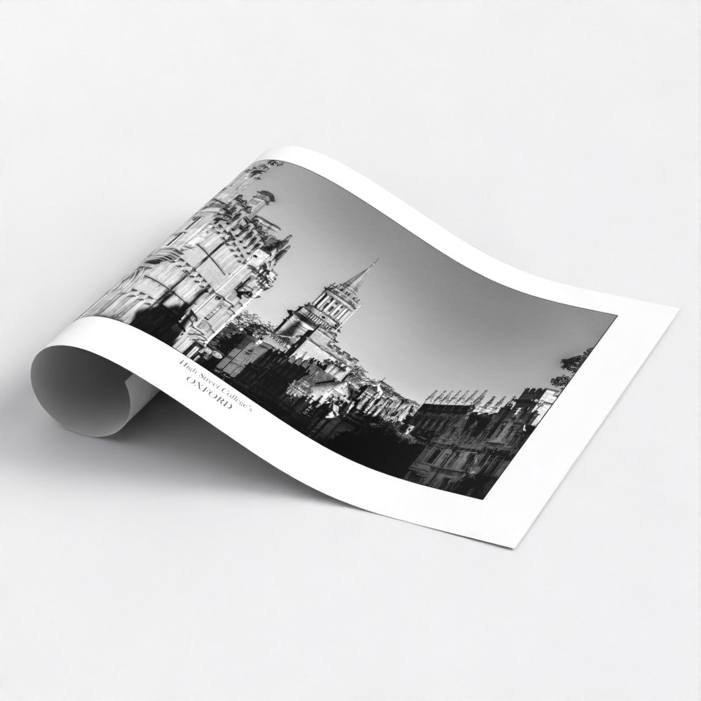 Souvenir, gift or memento of Oxford. B&W  Art Poster picture of Oxford High Street colleges