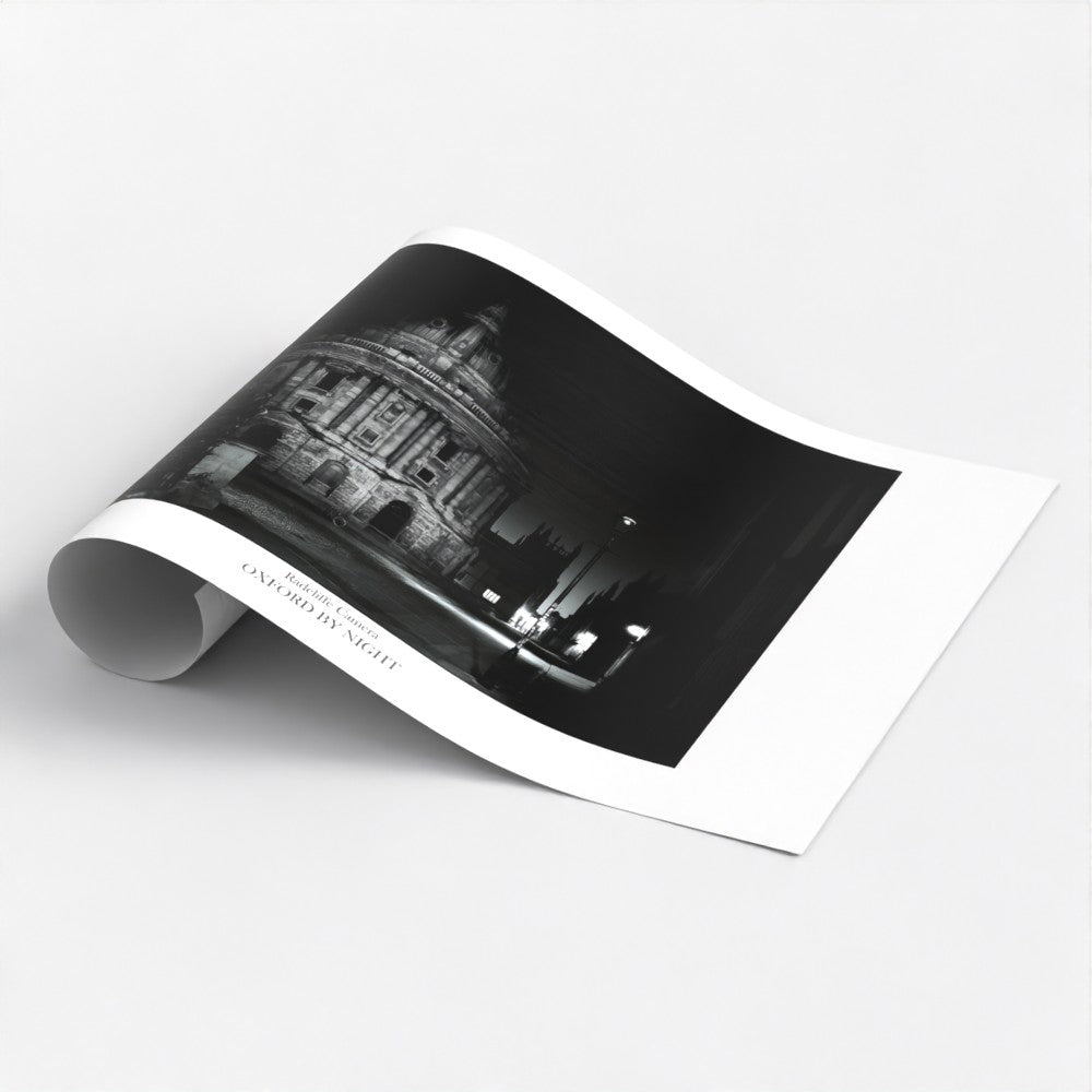 Exclusive B&W art poster print showcasing The Radcliffe Camera in Oxford under the cover of darkness. A mesmerizing black and white image highlighting the architectural details of this iconic Oxford Building.