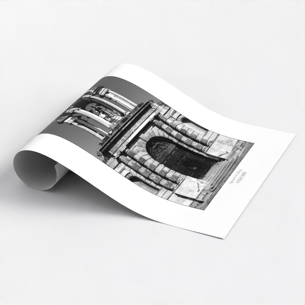 Stunning Oxford souvenir monochrome art poster print showcases the iconic Queen's College frontage, with its distinctive cupola.