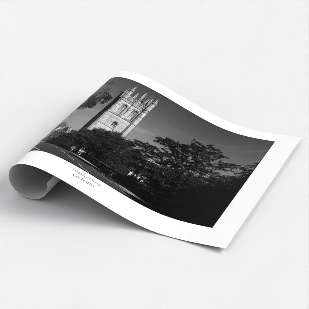 Gift or souvenir momento of Oxford, B&W art poster print of Magdalen college tower