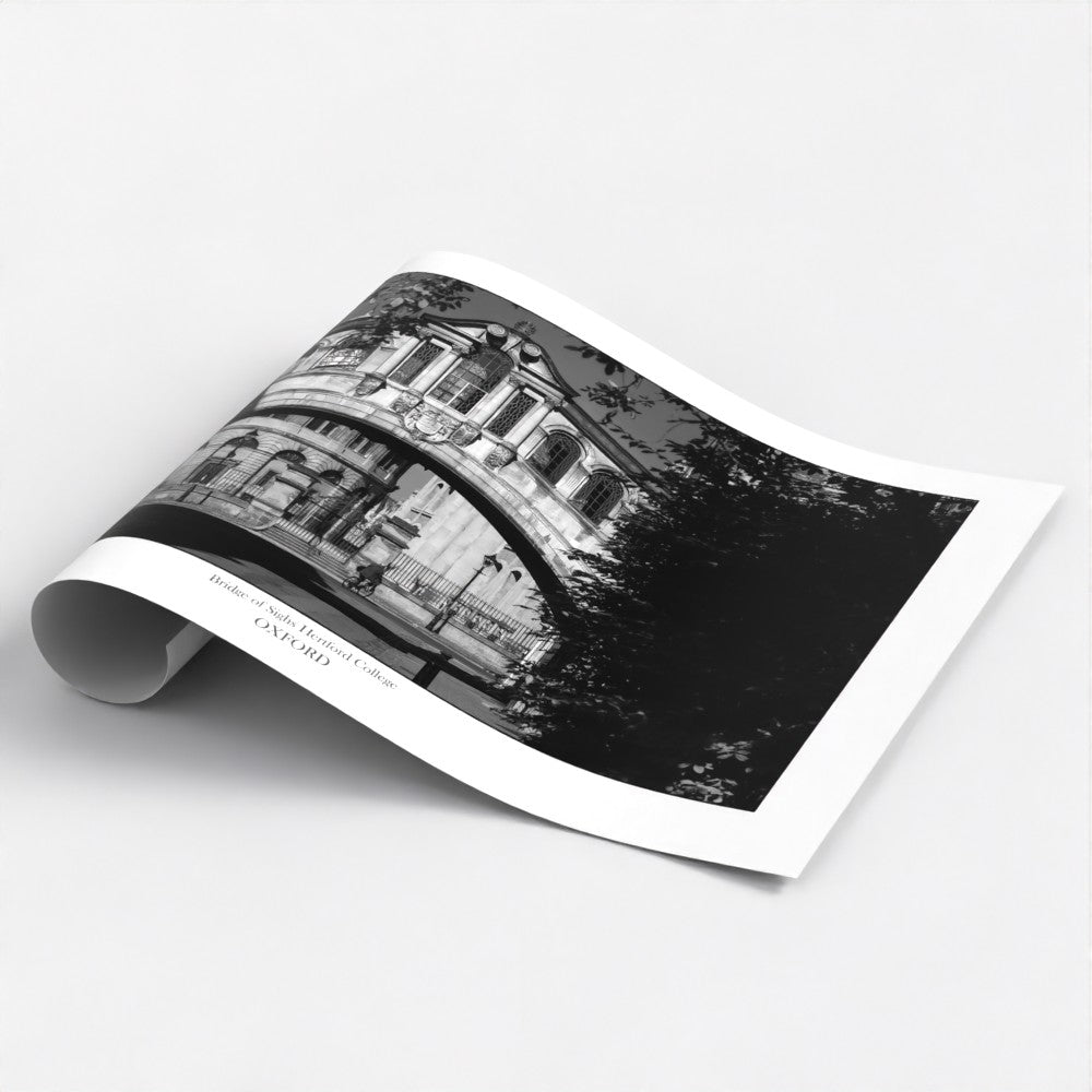 B&W Travel poster print showing the Bridge of Sigh, Hertford college Oxford university