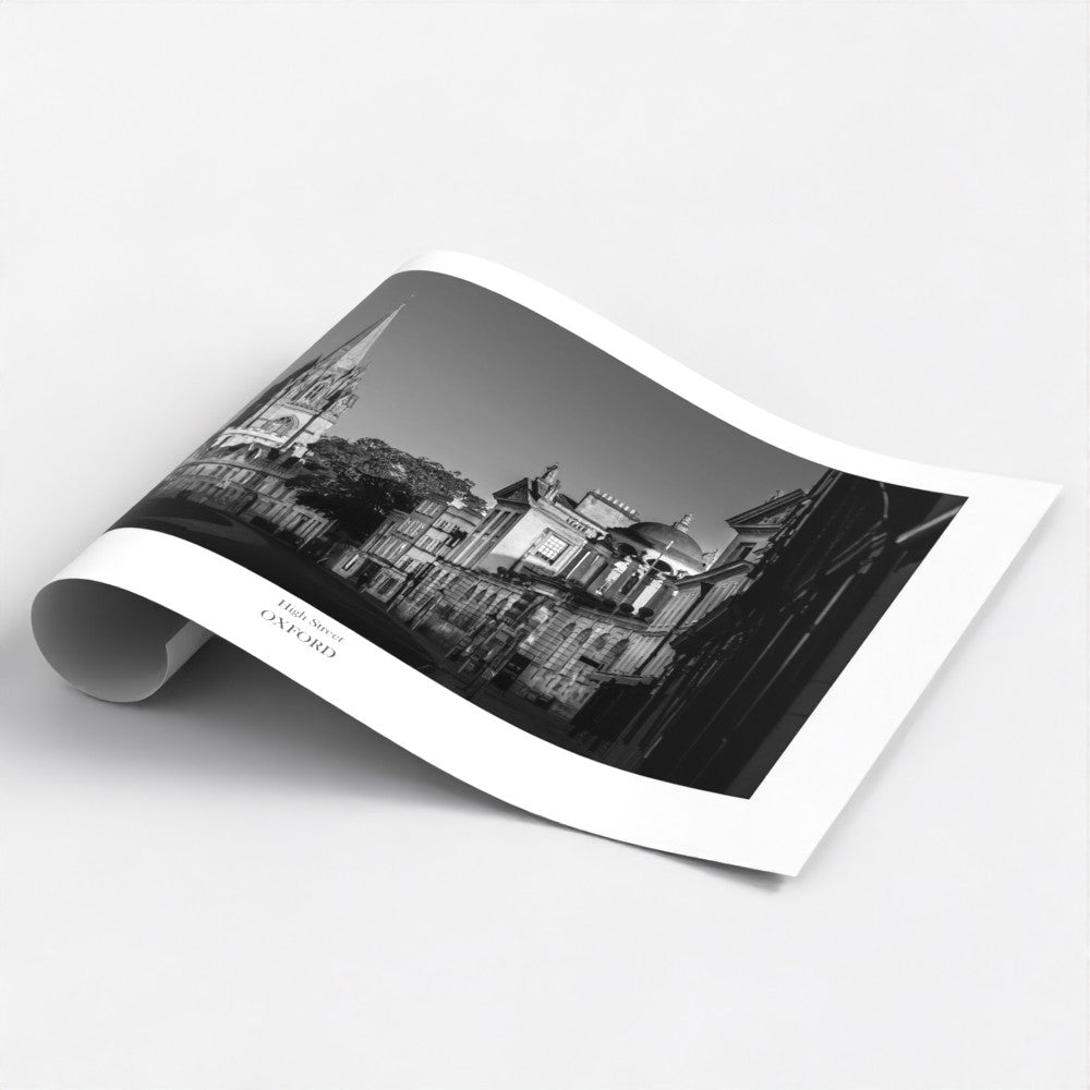 Beautiful gift and souvenir of Oxford, a black and white travel poster art print of Oxford High street