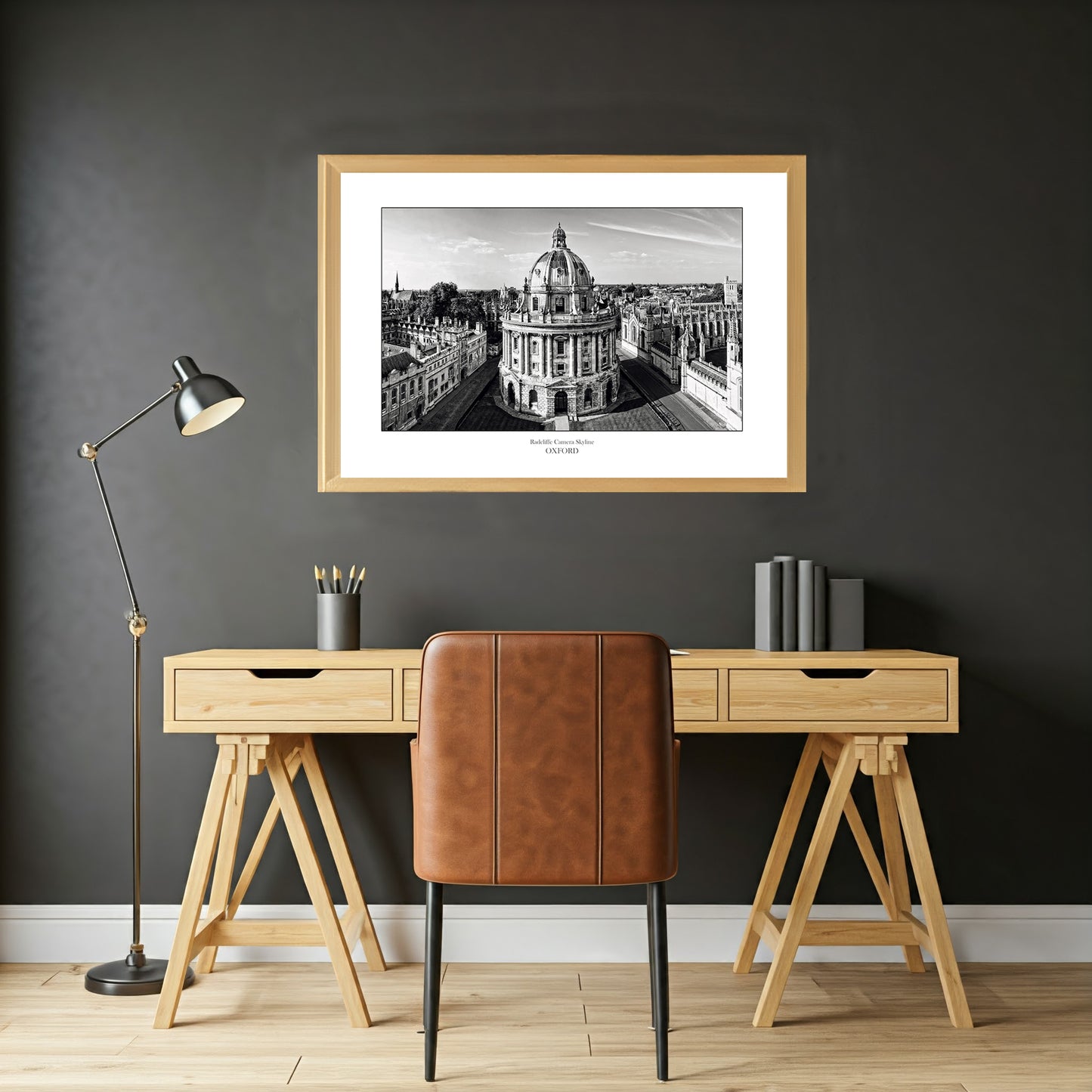 Black-and-white wall art print of the Radcliffe Camera viewed from St Mary’s Church tower, showcasing its iconic dome, classical architecture, and the surrounding historic streets and spires of Oxford