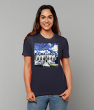 Oriel College Oxford University woman's navy organic cotton t-shirt with art design